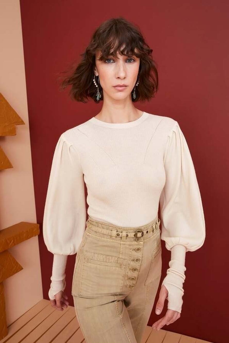 Ulla Johnson Marlis Pullover Sweater Womens S Cream Merino Wool Puff Sleeve